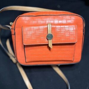 Faux Leather Orange Embossed Crossbody Bag with Adjustable Strap EUC